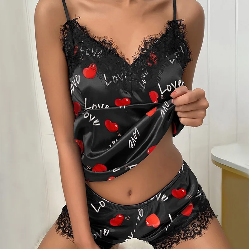 

2022 Satin Lace Pijama Dot Print Women's Two Pieces Sets V-Neck Stretch Sexy Lingerie Sleepwear Pajamas Home Nightwear G1003