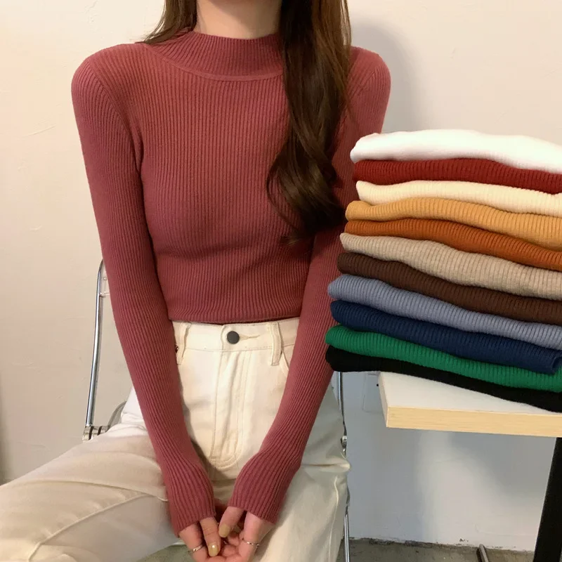 Модный вязаный свитер с длинными рукавами и круглым вырезом женский топ