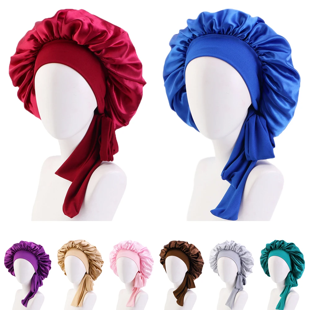 Атласный головной убор для сна, регулируемая Ночная шляпа, женский головной убор для ухода за предварительно завязанными волосами, головной убор для выпадения волос, женский головной убор, шарф, однотонный