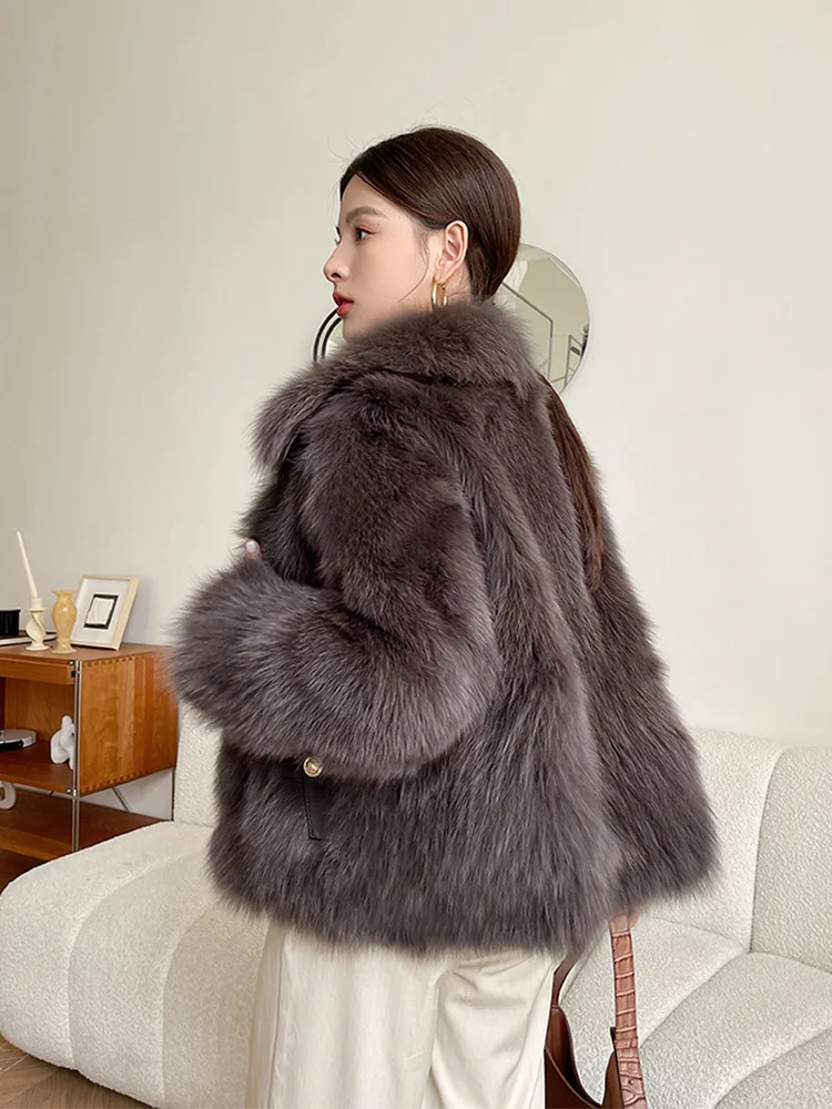 New Women Real Fox Fur Coat Autumn Winter Luxurious Fashion Goose Down Liner Fox Belly Fur Jacket Young Double-faced Fur Coat
