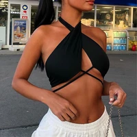 sexy backless halter camisole womens cross camis summer fashion solid color lace up exposed navel tops crop top women