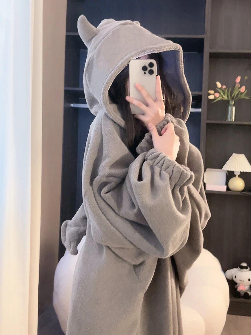 Японская мода милые пижамы из кораллового флиса с капюшоном маленького дьявола