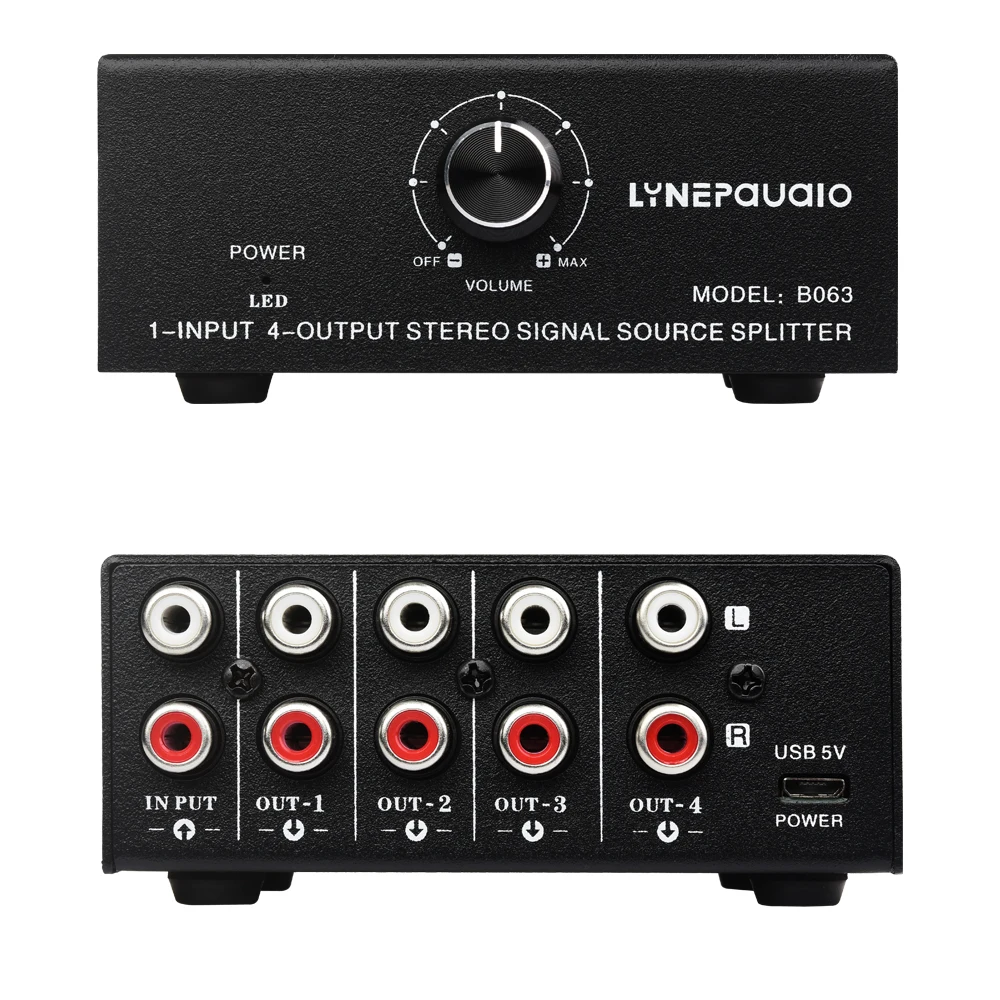 

Mini 1 in 4 out stereo audio signal splitter USB 5V power supply 3.5mm interface RCA interface