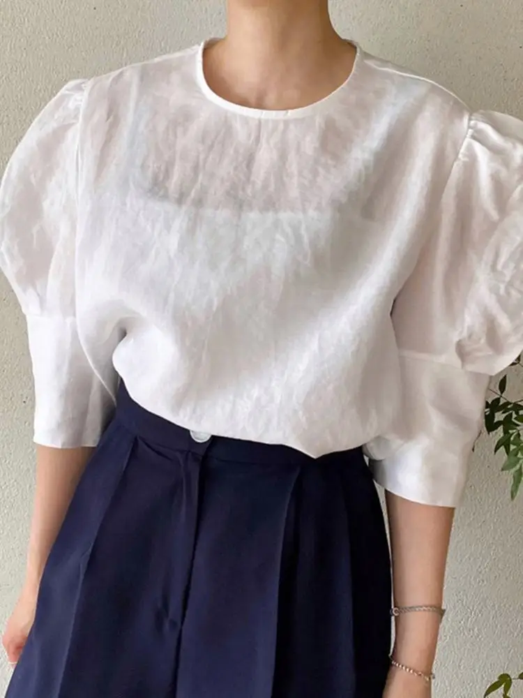 

VONDA 2022 Female Y2K Casual Street Solid Blouses Oversized Elegant Women Puff Sleeve Shirts Blusas O-Neck Pleated Chemise Tops
