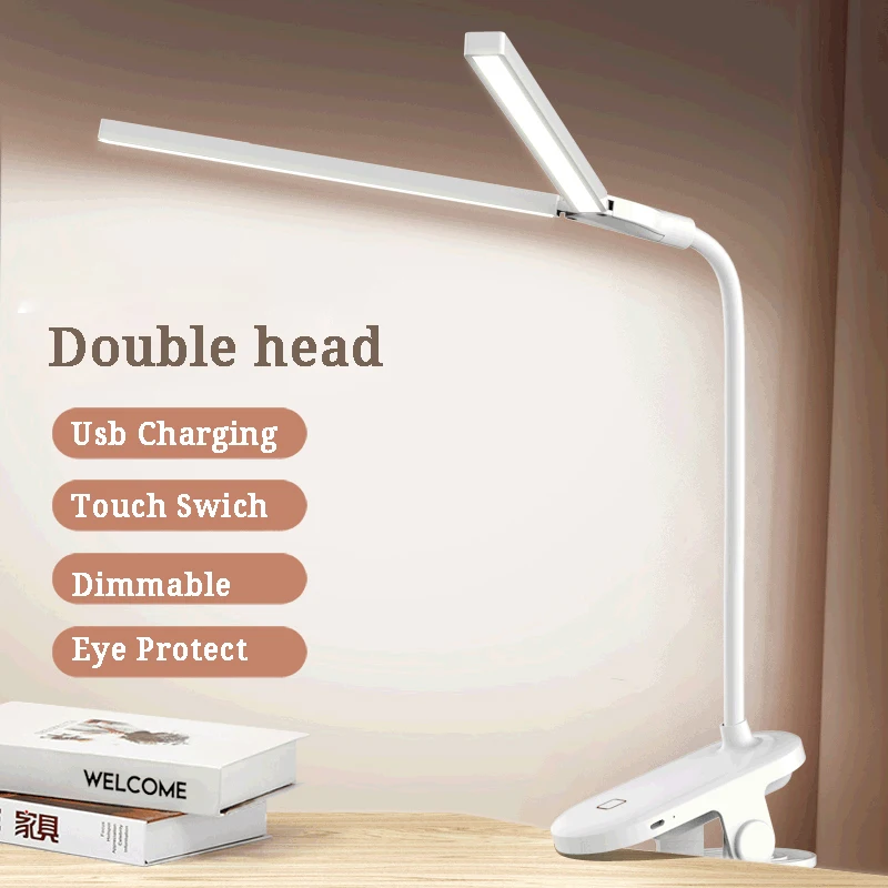 

Double Head Led Table Lamps with Clip Desk Lamp Touch Dimmable Usb Rechargeable Bright Bedroom Soft Light for Dorm Reading