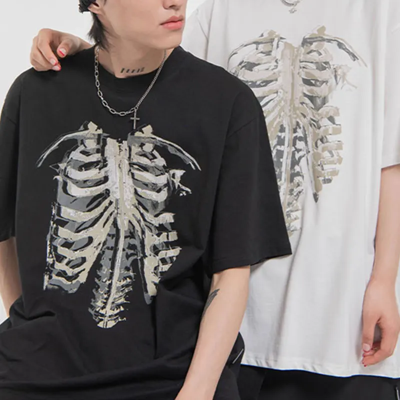 

Harajuku Oversized Tshirt Aesthetic Bones Heart and Lung Print Funny Skull T-shirt Women Punk Summer Short Sleeve Streetwear Top