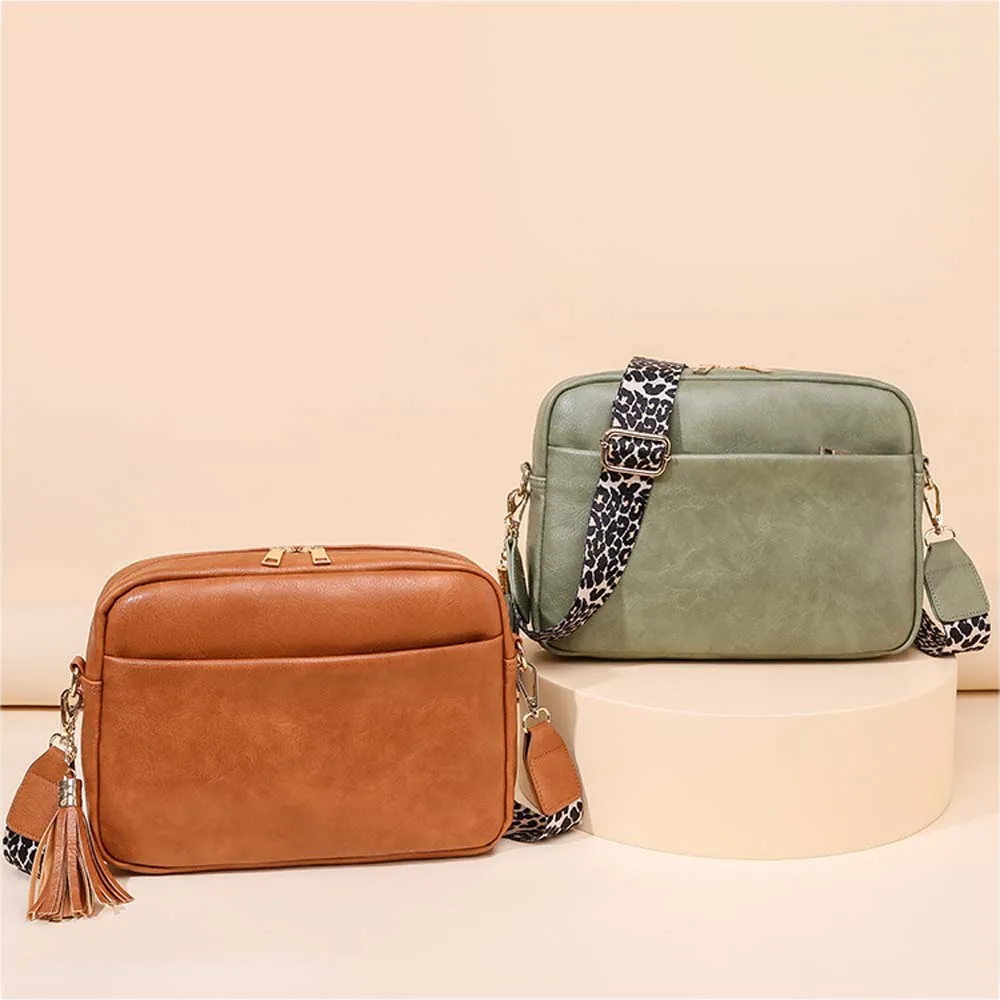 Vintage PU Leather Crossbody Sling Bags Women Fashion Leopard Guitar Strap Messenger Bag Ladies Casual Versatile Shoulder Bag