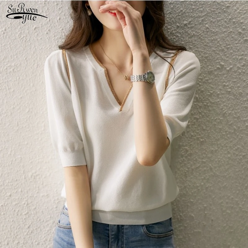 

Модная Элегантная блузка с коротким рукавом, повседневные топы, лето 2022, Однотонная рубашка с V-образным вырезом, трикотажная одежда, женска...