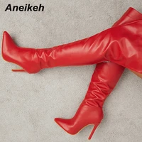 aneikeh sexy red rear zipper pu leather over the knee boots women zip pointed toe high heels botas femininas spring autumn 42