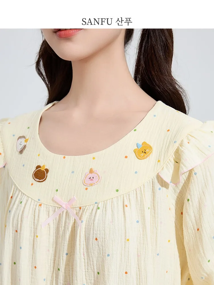 Женская Осенняя Ночная сорочка в горошек Sanfu милая двухслойная Домашняя одежда с