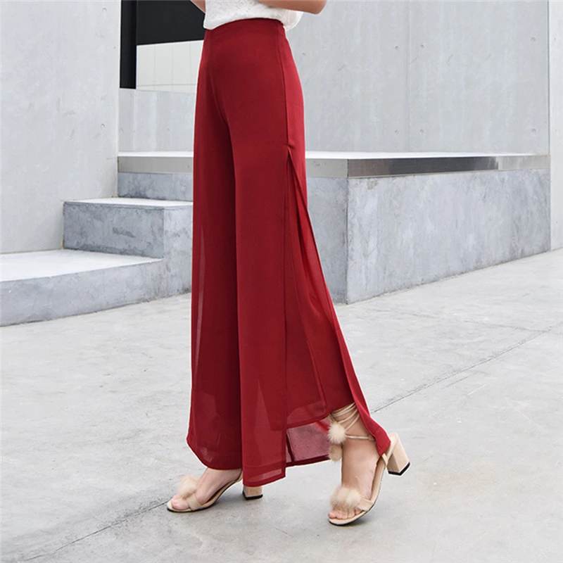 

Woman Quality Chiffon High Waist Slits Pants Ladies Thin Wide Leg Pants Trousers for Femme Women Casual Loose Trousers