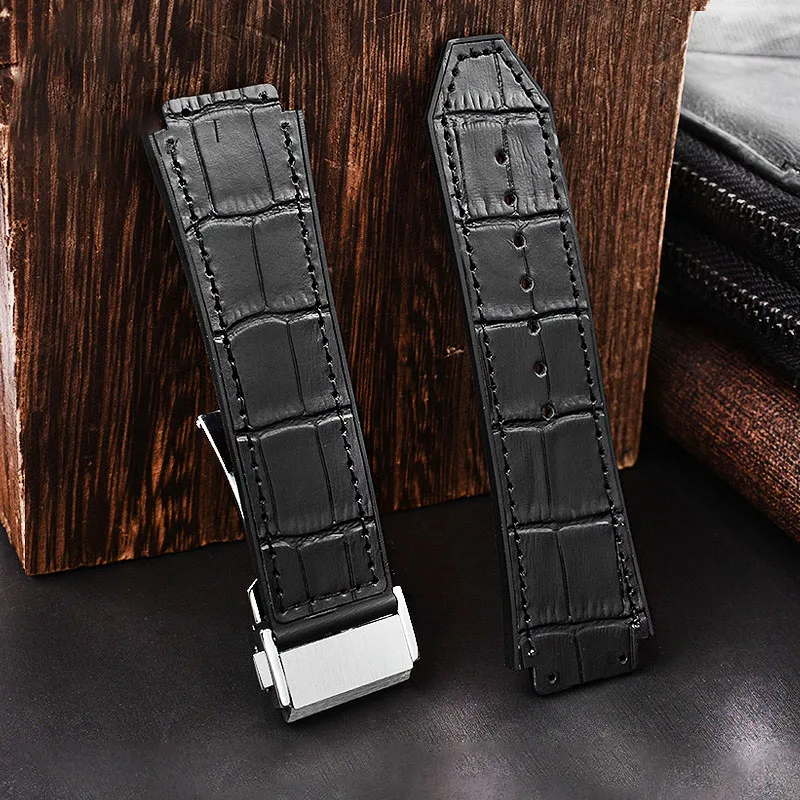 

26*19mm czarny zegarek Men's Leather strap pasuje for paska Hublot paska BIG BANG motyl klamra narzędzia akcesoria do zegarków