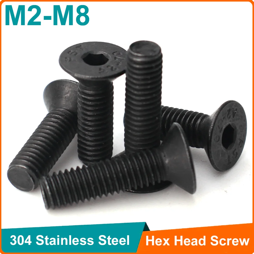 

10-60 шт. черная нержавеющая сталь 304 M2 M2.5 M3 M4 M5 M6 M8 болты с шестигранной головкой и плоской потайной головкой