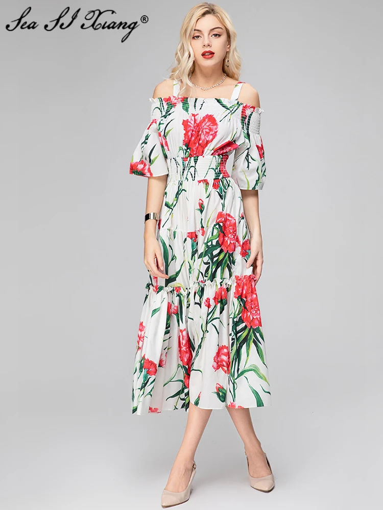 

Seasixiang Fashion Designer Spring Summer Women Dress Slash Neck Flare Sleeve Flower Print Beach Vacation Elastic Waist Dresses