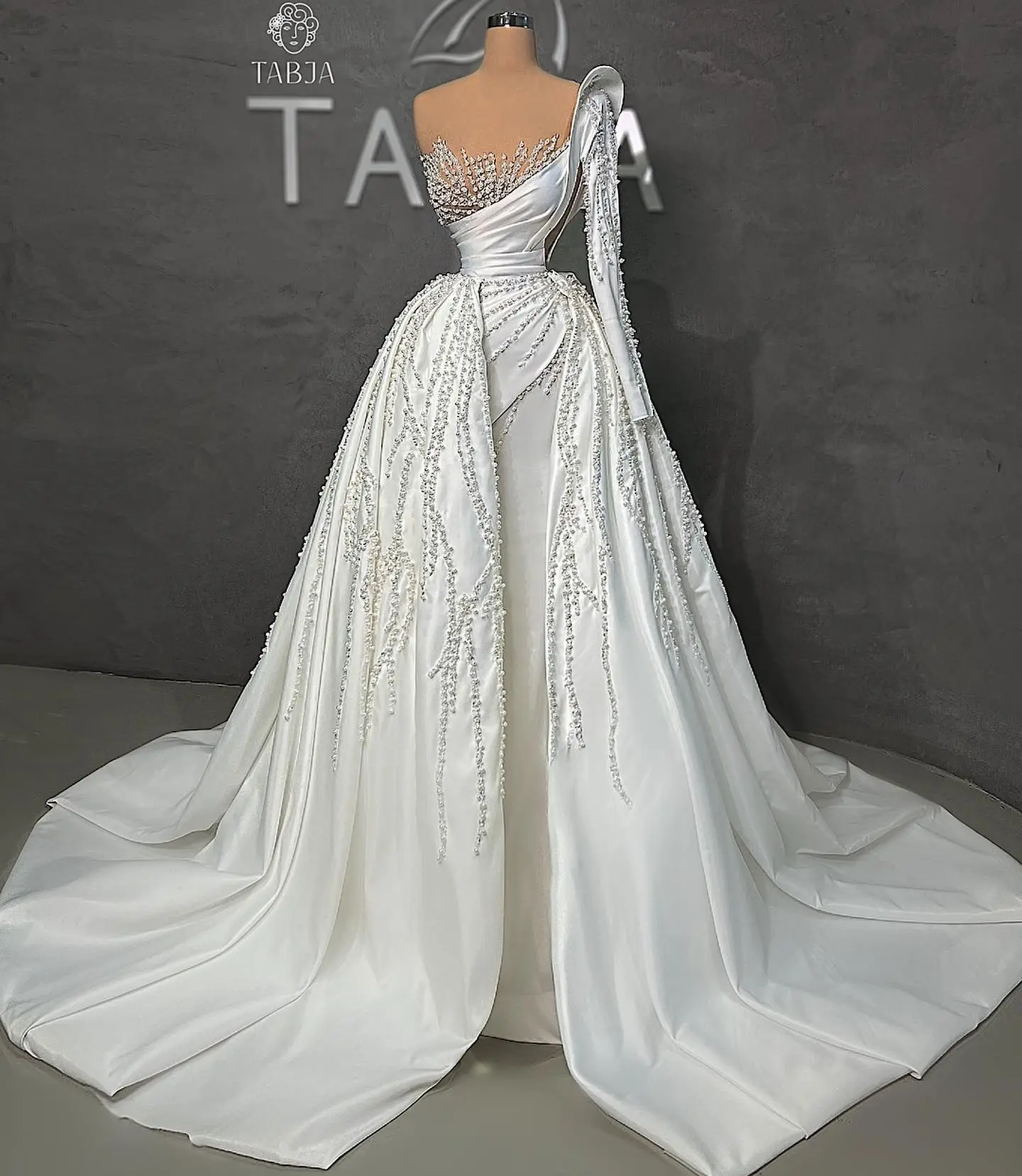 

Gorgeous Pearls Mermaid Wedding Dresses With Detachable Train Bridal Gown One Shoulder Long Sleeve Beaded Vestidos de novia