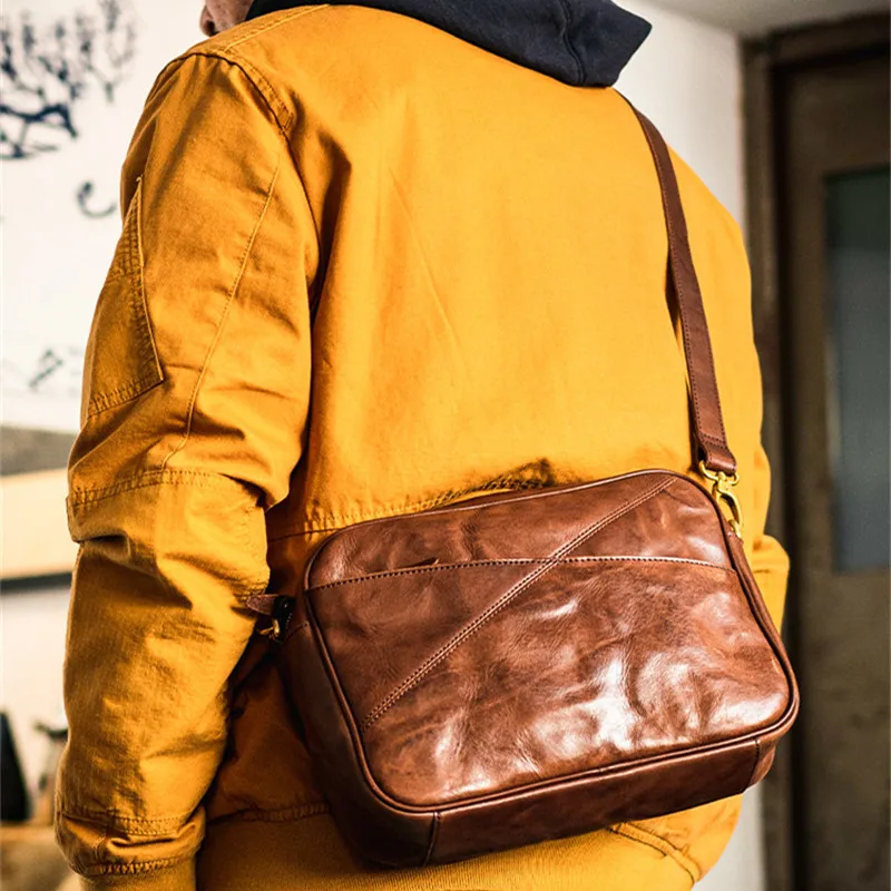 Fashion luxury handmade designer natural real leather men diagonal bag outdoor daily travel mobile phone storage messenger bag