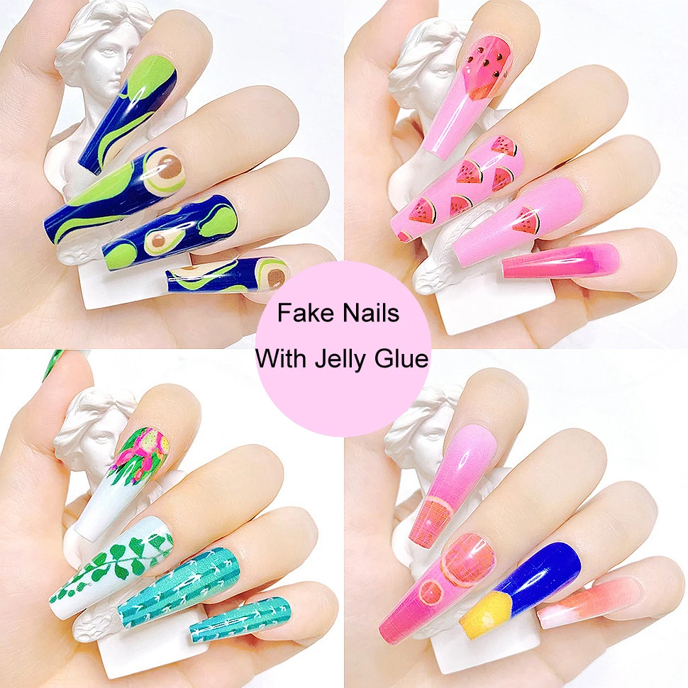 

24PC Long Coffin Fake Nails Set With Glue Press On False Acrylic Nails Art Tips Fruit Design Manicure Supplies For Professionals