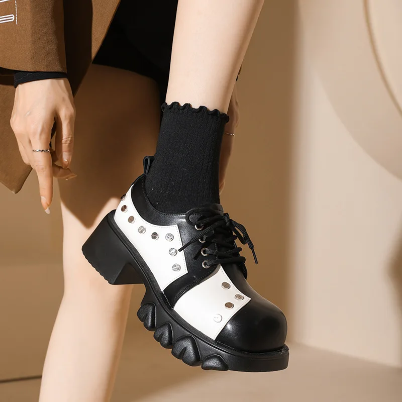 Spring 2023 Trendy Rivet Leather Shoes Women's Special-Interest Design Genuine Leather Chunky Heel Pumps Platform