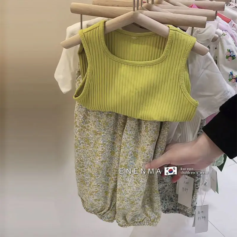 

Children Sets Summer New Sleeveless Vest Fragmented Flowers Thin Two Piece Set Elastic Waist Casual Simple Print