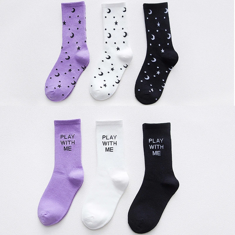 

Women Cotton Skateboard Street Hip Hop Socks Unisex Harajuku Calcetines Tube Sokken Stars Moon Funny Printing "Play With Me" Sox