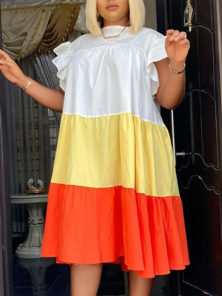 Женское платье-рубашка свободного покроя вечерние оборками большого размера -