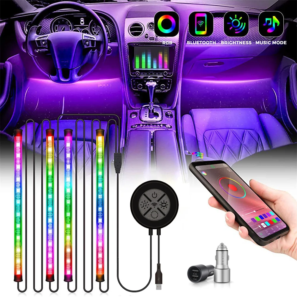 

A Set LED Atmosphere Car Interior Ambient Light 1600 Colors Fiber Optic Strip Light by App Control Neon LED Auto Decorative Lamp