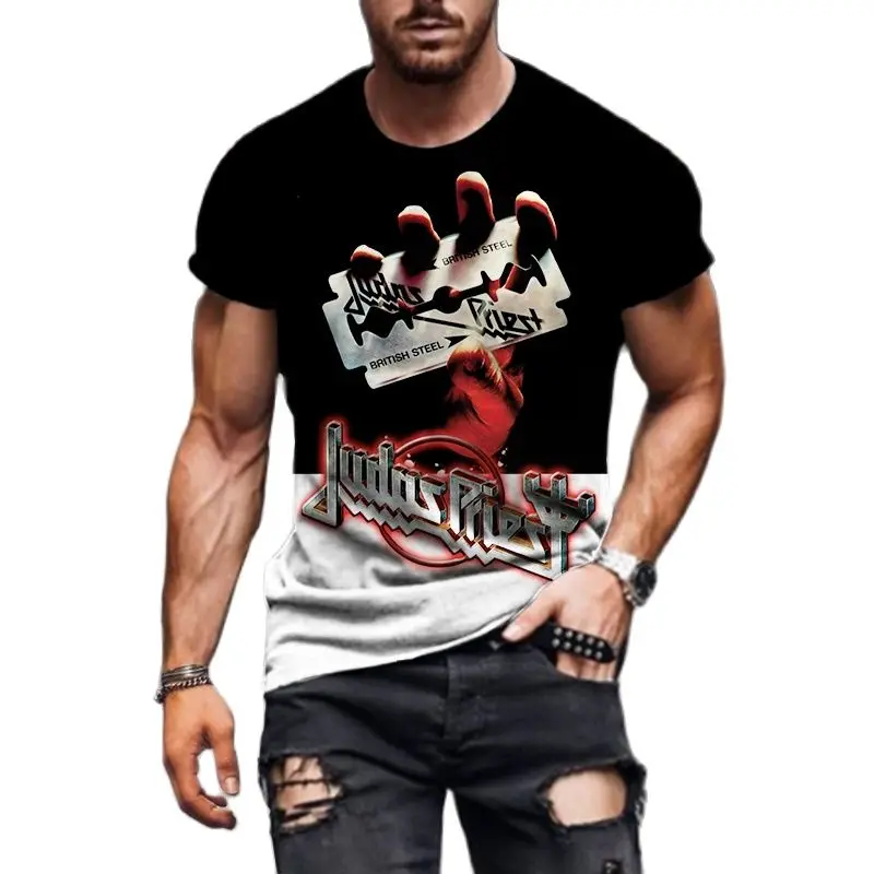 Fashion Hip Hop Rock Judas Priest Band 3D Print T Shirt For Men Funny Anime Harajuku Loose T-shirt Street Trend Short Sleeve Top