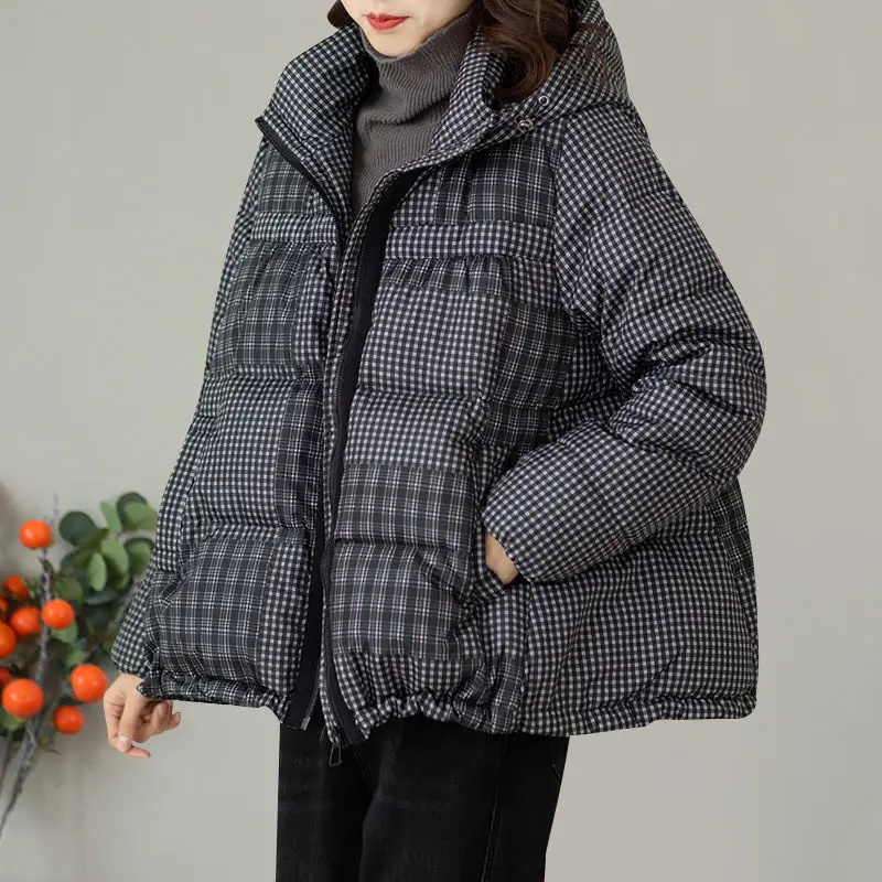 

White Duck Down Jackets Women Short Hooded Plaid Outerwear Warmth Winter 2022 New Loose Jackets Thick Coats Female Clothes D64