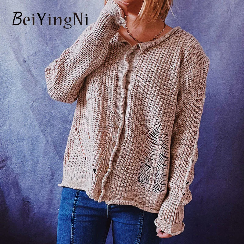 

Beiyingni 2022 Women's Cardigan Sweater O-neck Single-breasted Hollow Out Knitting Long Sleeve Sweater Casual Loose Solid Tops