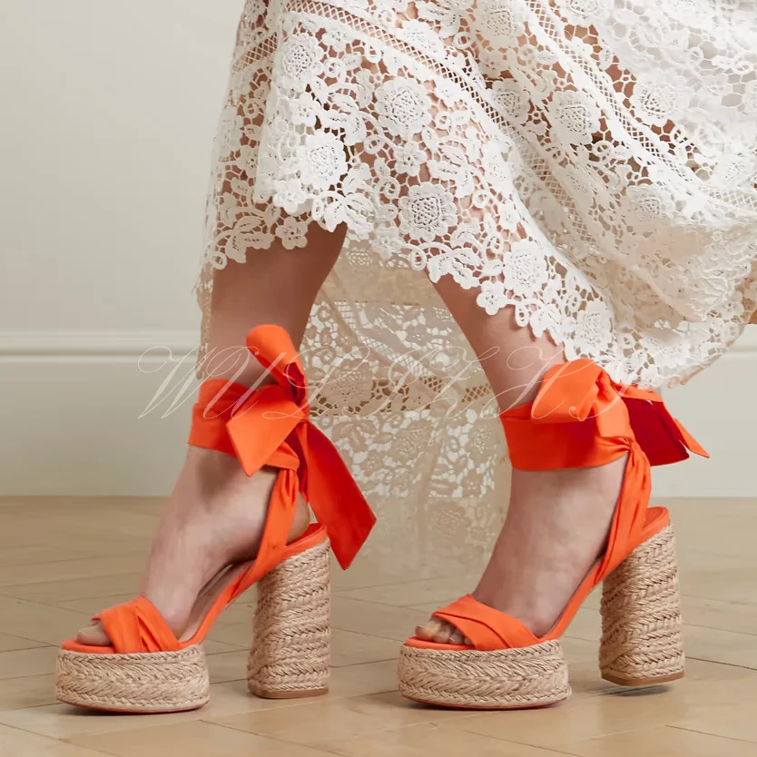 Orange Platform Espadarille Ankle Straps Sandals Thick Heel Cloth Belt Open Hollow Blue Denim Strap Riband Slingback Casual Shoe