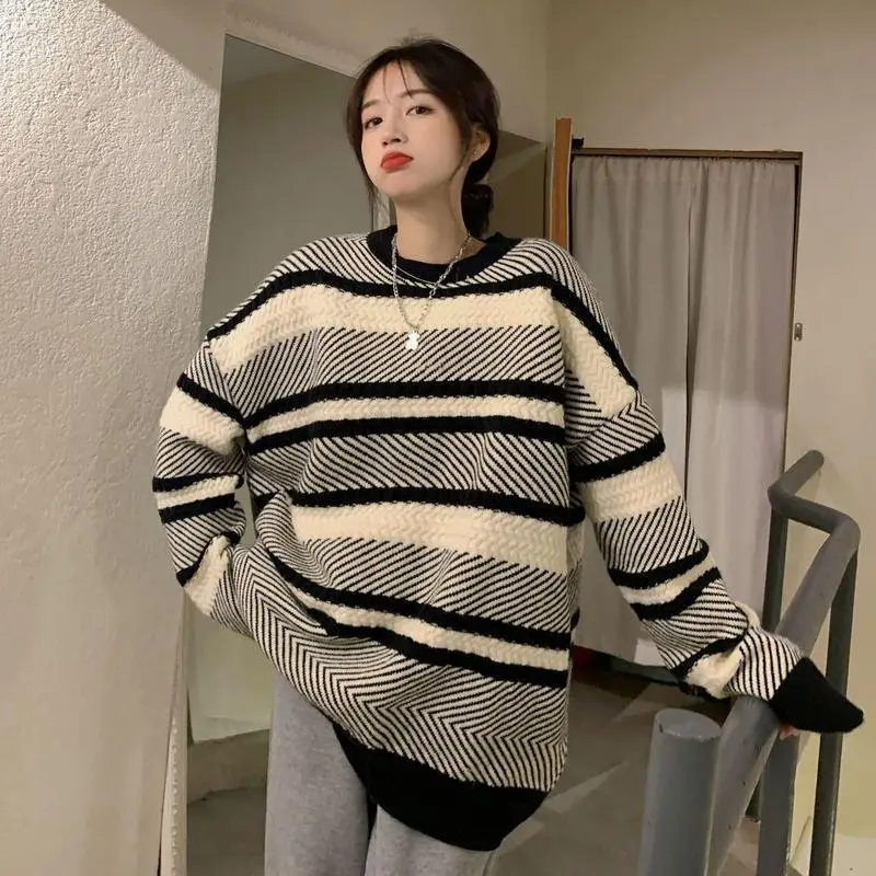 Полосатый свитер с цветными блоками для женщин свободный и утягивающий ленивый