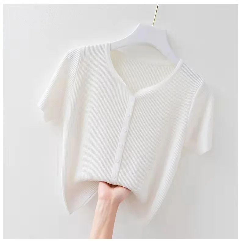 

women's summer thin knitted v neck short sleeve t-shirt one