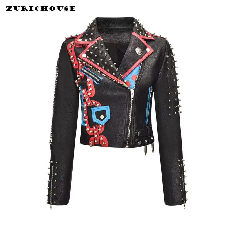 Faux Leather Motorcycle Jackets Female Slim Short Outerwear Autumn Winter Streetwear Graffiti Punk Rivet PU Leather Coat Women