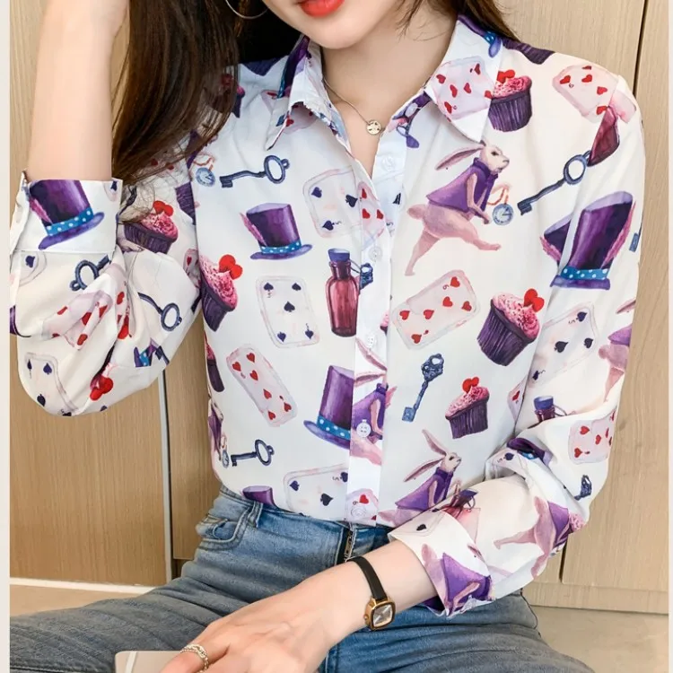 

2022 Autumn Elegant Print Chiffon Shirt For Women's Turn Down Collar Long Sleeve Fashion Blouse Tops Casual Femme Blusas