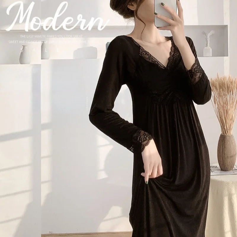 Ночная сорочка Женская атласная с V-образным вырезом и длинным рукавом |