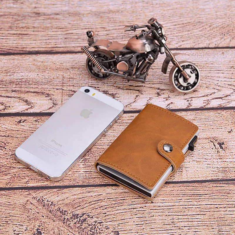 blocking vintage men credit card holder aluminum alloy business id card case automatic male metal leather cardholder wallet 2021 free global shipping