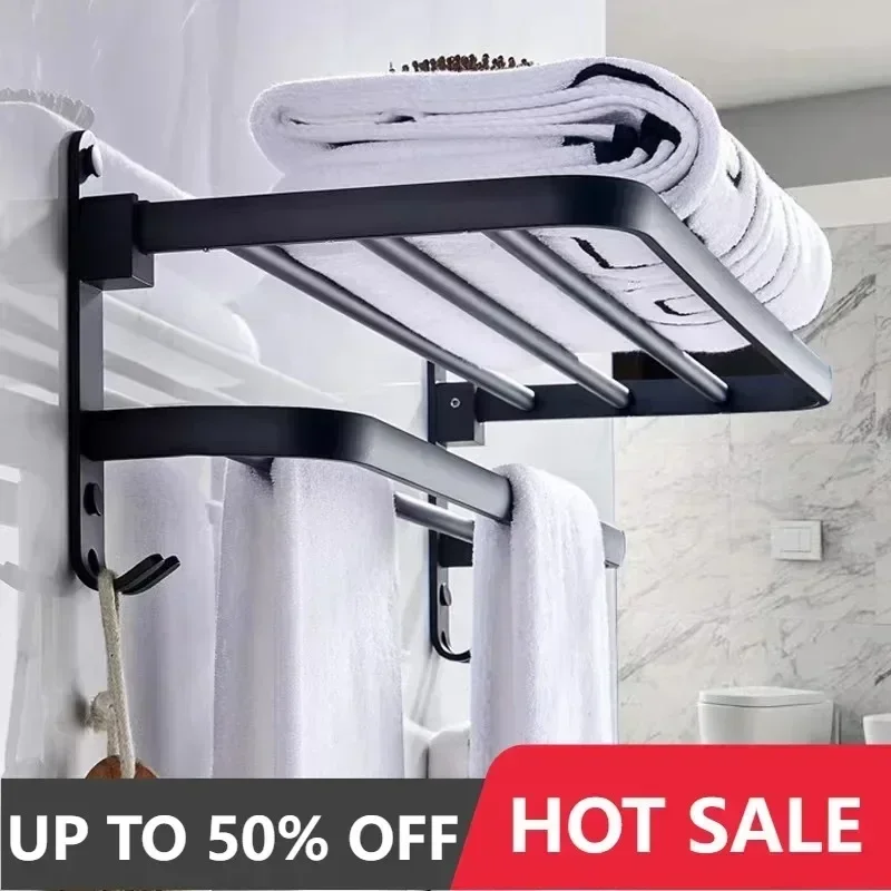 

40-60CM Toilet Storage Rack Non Perforated Wall Mounted Foldable Towel Rack Gun Gray Space Aluminum Storage Bathroom Towel Rack