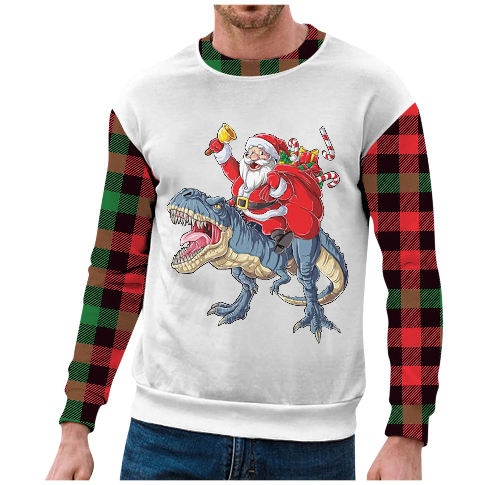 

Autumn Christmas Santa Claus And Dinosaur Print Pullovers Tops Spring Men Long Sleeve Sweatshirts Streetwear