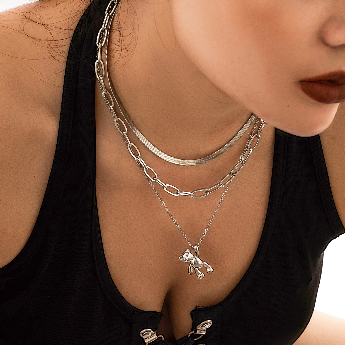 

Sindlan 3Pcs Punk Silver Color Bear Pendant Necklace for Women Kpop Emo Chains Set Grunge Couple Y2k Jewelry Collares Para Mujer