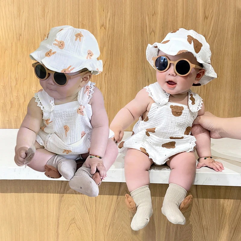 

Cute Baby Jumpsuits Hat Set Bunny Bear Muslin Newborn Romper Toddler Outfit Set for Girls Boys Summer Clothes Infant Suit