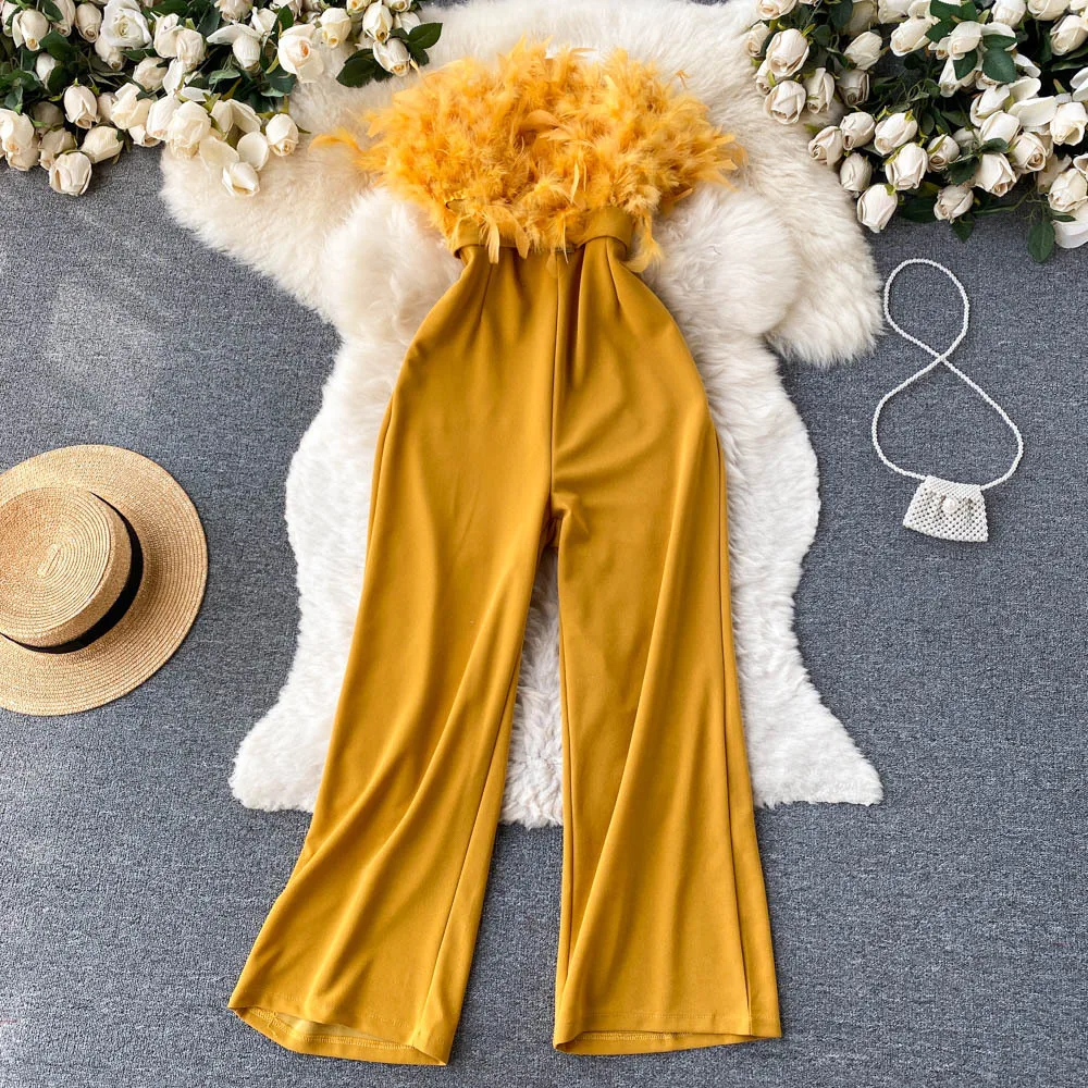 Fastfashiongo Niche Design Feather Tube Top Jumpsuit Women's Summer New Loose Wide-leg Straight Trousers 2023 