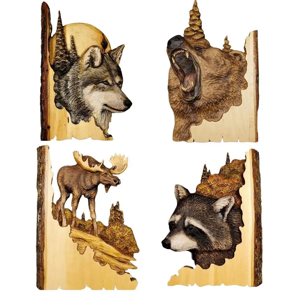 

Gift Wolf Owl Bear Deer Decorations 3D Animal Carving Sculpture Wall Hanging Handcraft
