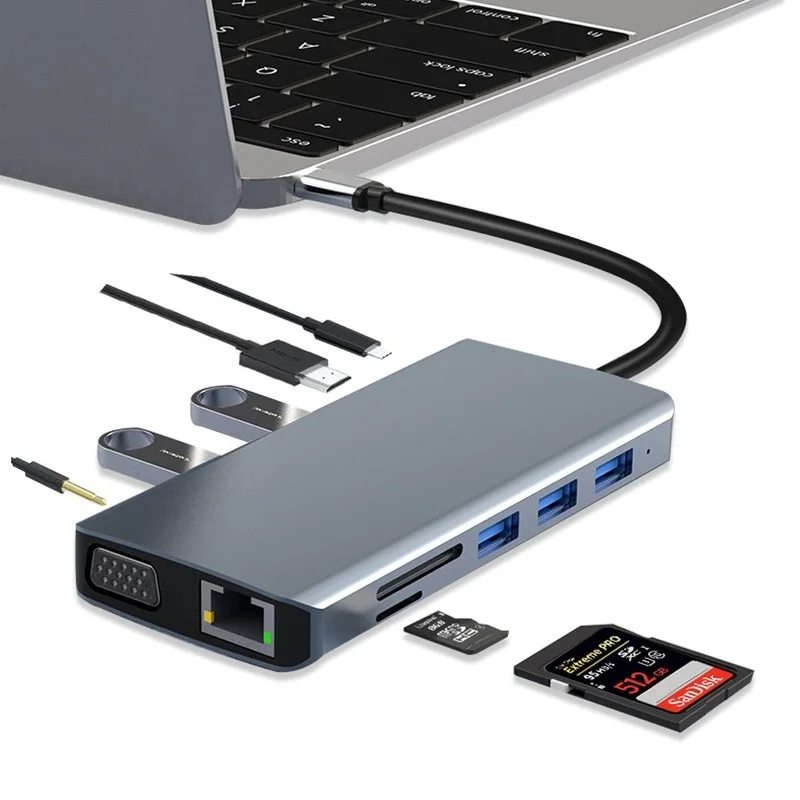 

12 In 1 USB Type C Hub Adapter Laptop Docking Station, VGA RJ45 SD TF PD for MacBook Dell Hp ThinkPad
