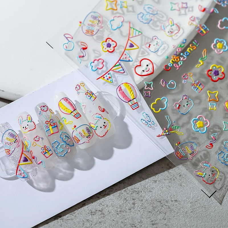 

Радужные линии мультфильм 5D рельефные наклейки для ногтей милые 3D Самоклеящиеся наклейки для ногтей оптом Прямая поставка