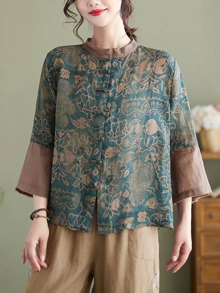 

Women Summer Casual Shirts New Arrival 2022 Vintage Style India Folk Style Vintage Print Loose Female Tops Shirt B1837