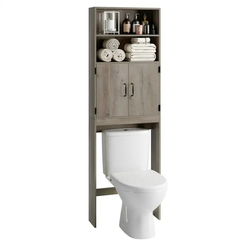 

Toilet Storage Rack, Bathroom Storage Cabinet over Toilet with 4-tier Shelves and 2 Doors, Gray