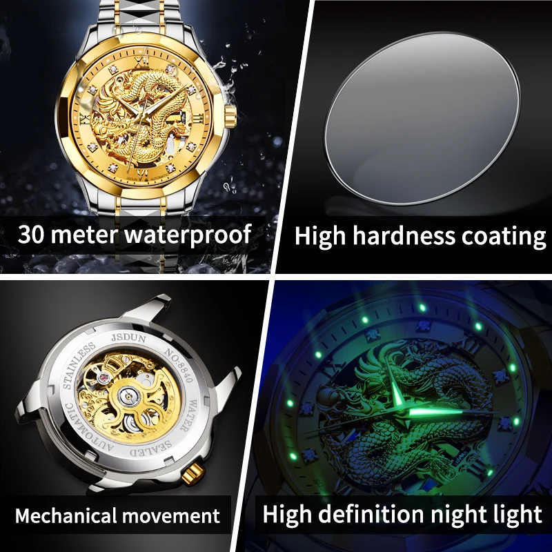 Фото Мужские наручные часы JINSHIDUN 8840 Dragon Watch, роскошные, с ажурным циферблатом, бриллиантовой инкрустацией, HD-подсветкой, водонепроницаемые, автоматические, механические. №1