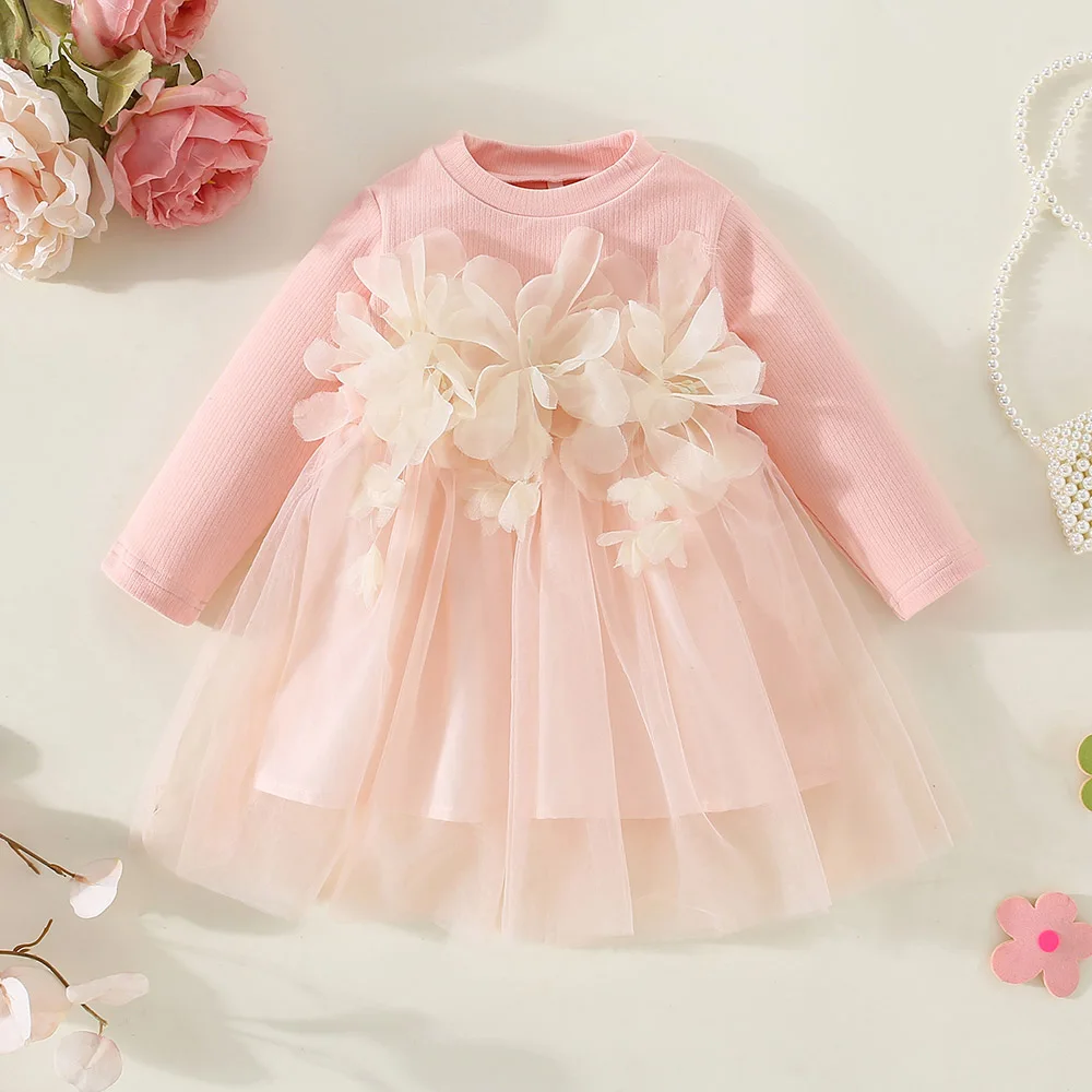 

Sweet Girl'S Birthday Party Dress 3d Flower Decoration Knitted Spliced Mesh Solid Autumn Long Sleeve Dress