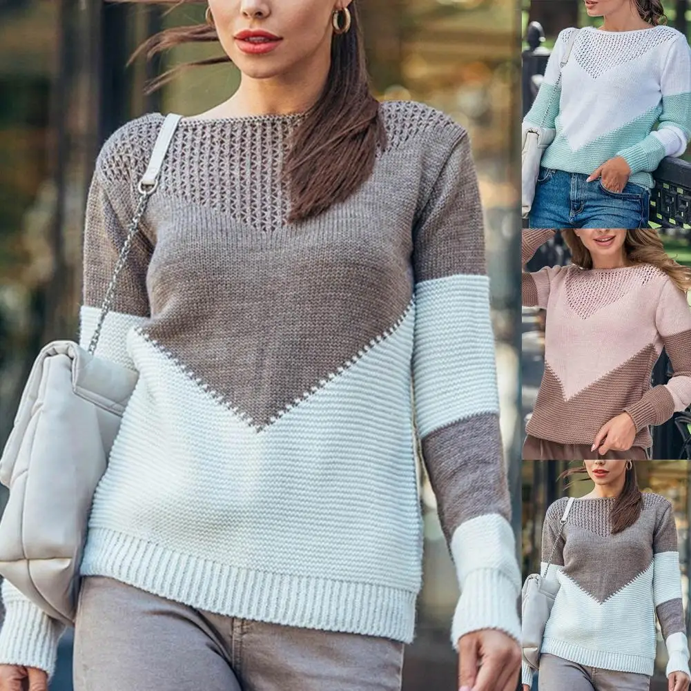 

Женский свитер контрастных цветов, пуловеры в стиле пэчворк на осень и зиму, повседневный Вязаный топ с прорезями, пуловер, свитер