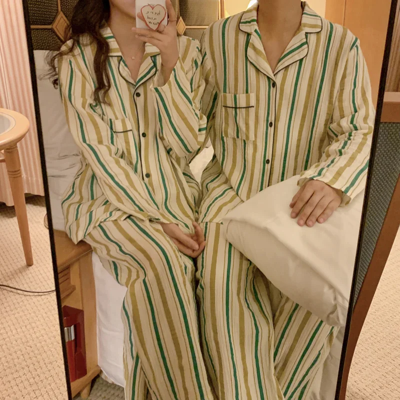 

Парные простые полосатые пижамы Осенние повседневные пижамы с лацканами кардиган мягкий хлопок с длинным рукавом свободный комплект из 2 предметов одежда для отдыха D770